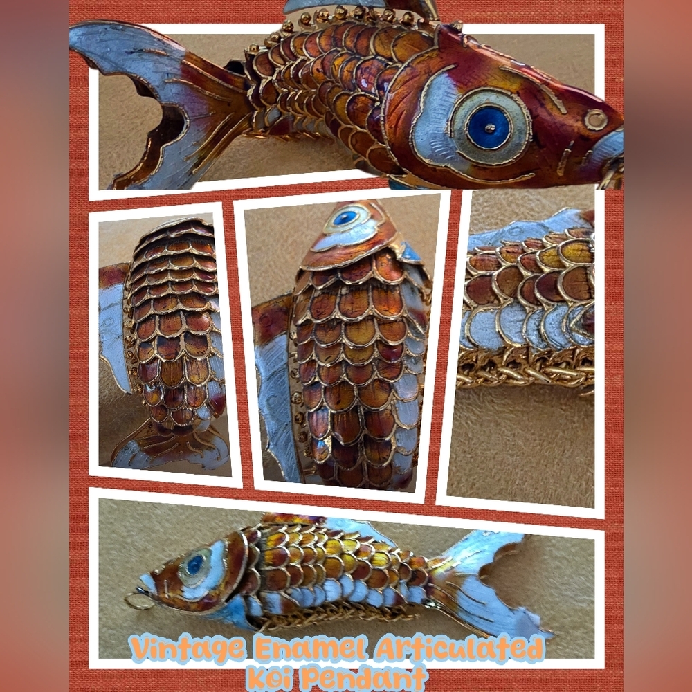 π£Vintage Enamel π§‘ Articulated Koi Fish Goldtone Chinese Charm Pendant π 3.5" - Picture 4 of 8